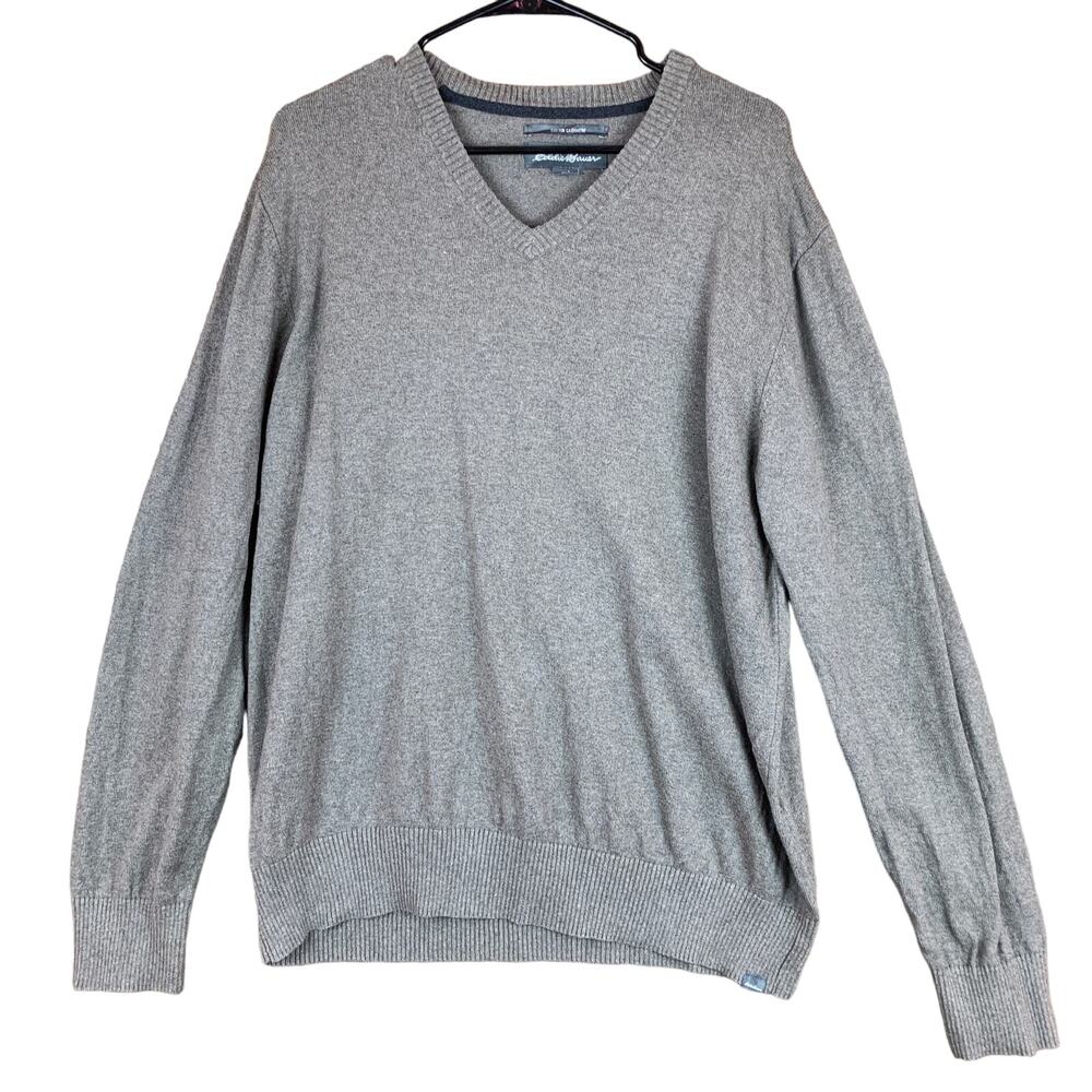 Eddie Bauer Mens Sweater Brown Cotton Cashmere VNeck Lightweight Pullover Large